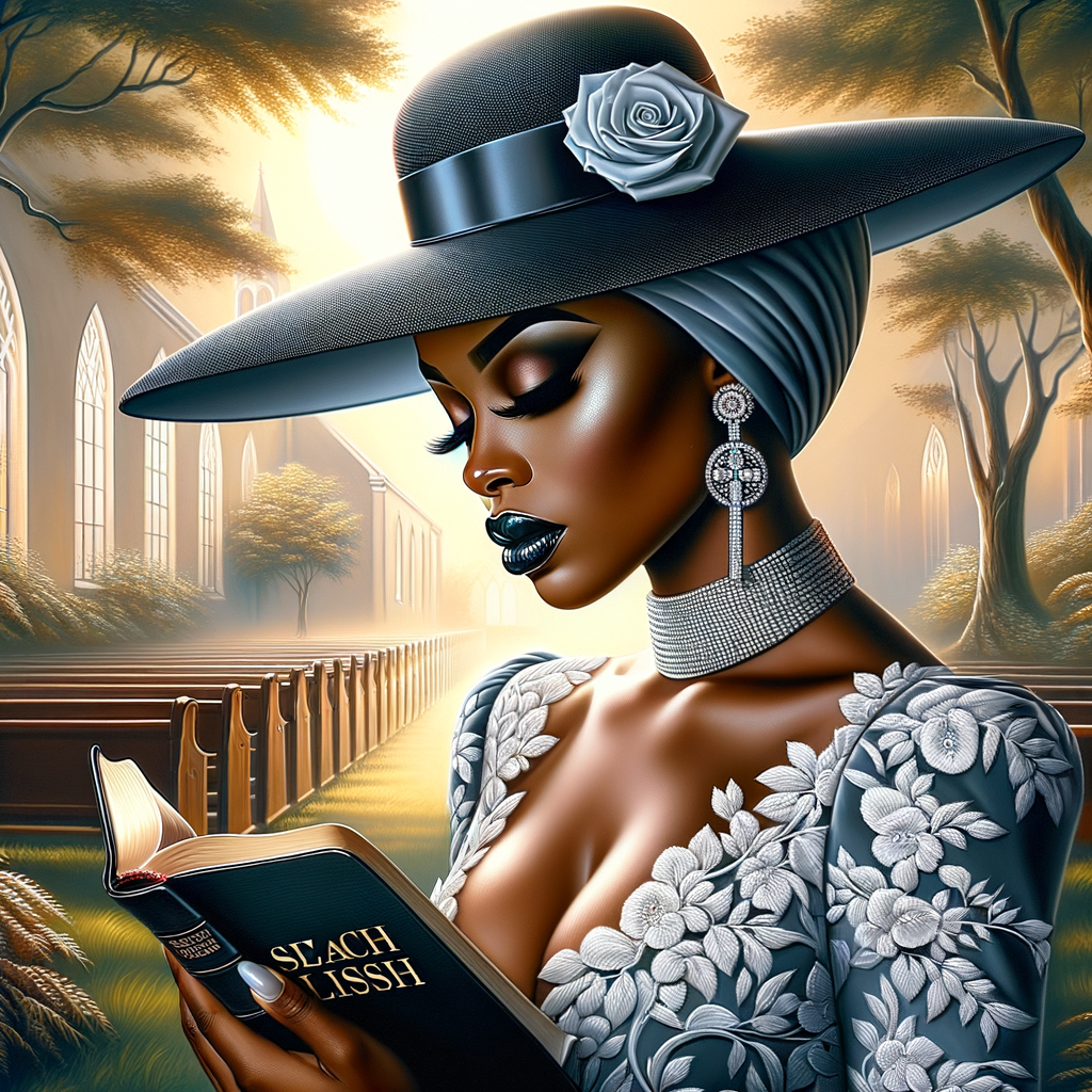 Render an airbrush oil painting of an African American woman with flawless makeup in a
contemplative pose, holding a Bible close to her heart, dressed in an elegant Sunday Best
outfit with a distinctive Church Hat. The background features a peaceful church garden,
with light filtering through the trees, highlighting her spiritual connection and the personal
moment of reflection. The artwork should capture the tranquility of the scene, the beauty
of her attire, and the depth of her contemplation, reflecting a serene and spiritually