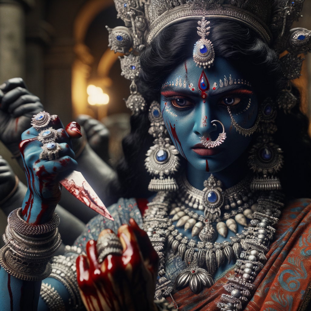 photograph of angry looking, gorgeous goddess kali, blue skinned carrying a weak mahishasur in her two arms and poking him with her amazingly long red fingernails. She is wearing a huge silver crown, red saree, abundant silver jewelry, covered in blood. The scene is set in ancient India. The image is 8K resolution, cinematic, ultra detailed face and epic.