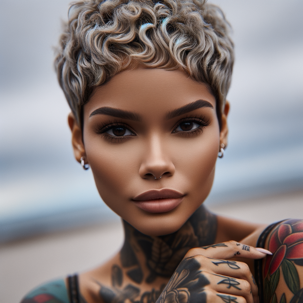 A beautiful Puerto Rican woman, with short hair and tattoos, looking at the camera. This image is taken with a canon high resolution for the camera.