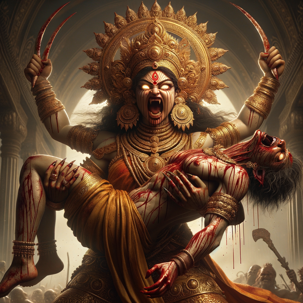 portrait of angry looking goddess durga  carrying a weak mahishasur in her two arms and stabbing him with her amazingly long red fingernails. She is wearing gold armor, a huge gold crown, gold saree, abundant  gold jewelry, covered in blood. The scene is set in ancient India. The image is 8K resolution, cinematic, ultra detailed face and epic.