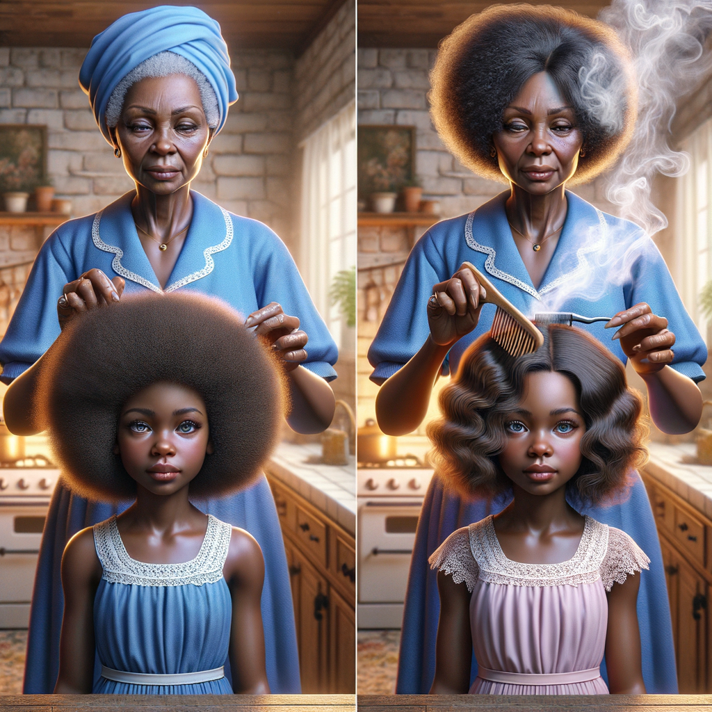 Create a realistic 3-D image of an african-American grandmother wearing a blue house dress. She is in the kitchen with her african-American granddaughter. Her granddaughter is wearing a pink dress The grandmother has a hot comb in her hand and she is straightening her granddaughters hair. One side of her granddaughters hair is in  a Afro the other straight 
There is smoke coming from the hot comb