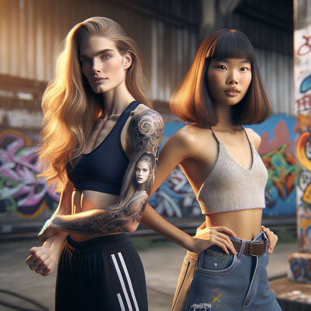 Athletic Thin skinny Attractive, Asian teenage girl, long brown hair and bangs, wearing tight skinny jeans and a halter top paint marks on her clothing, heroic pose Asian graffiti background, side view