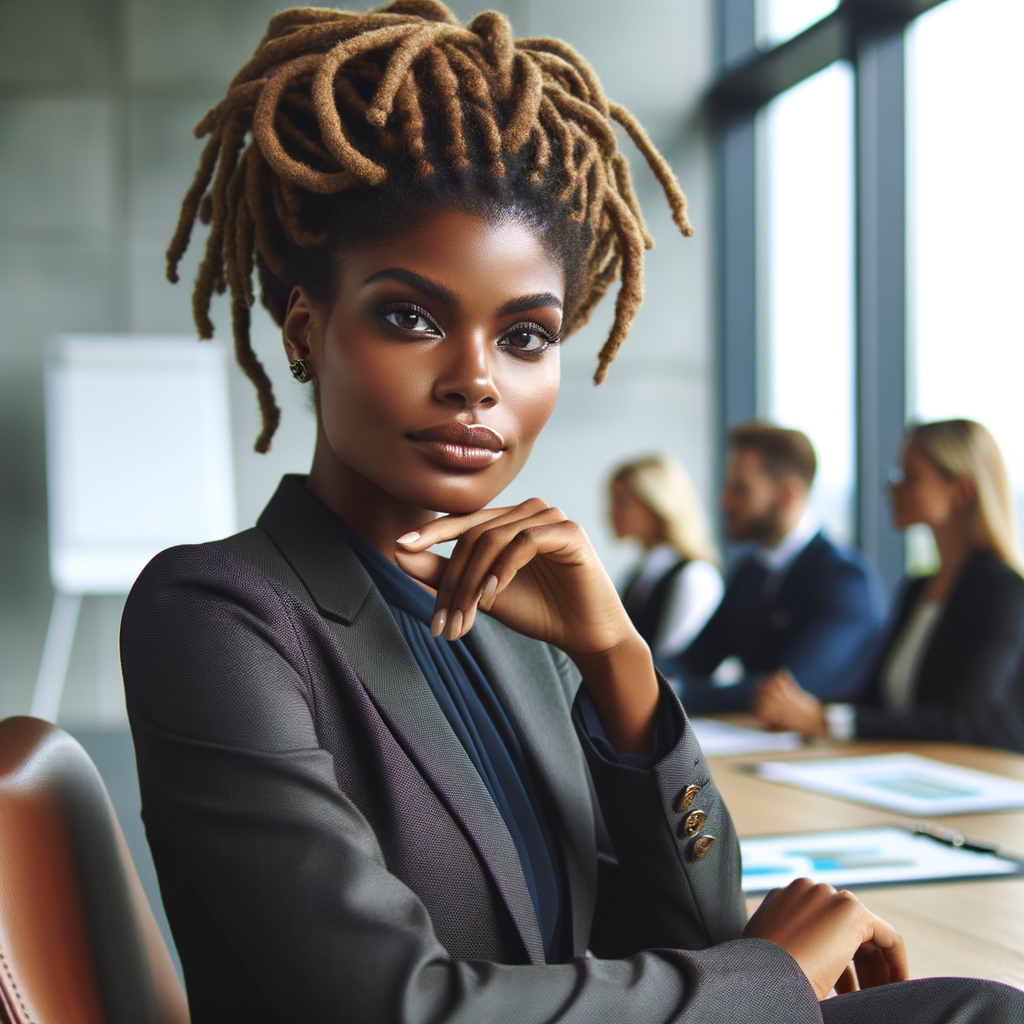 Describe a sophisticated Black woman with a caramel 
complexion, styled locs, and a sleek business suit, leading 
a boardroom discussion on environmental sustainability in 
a sleek urban office building."