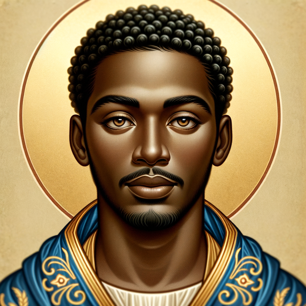 Create a beautiful African-American Jesus Christ with Hazel, brown eyes and blue and gold robe