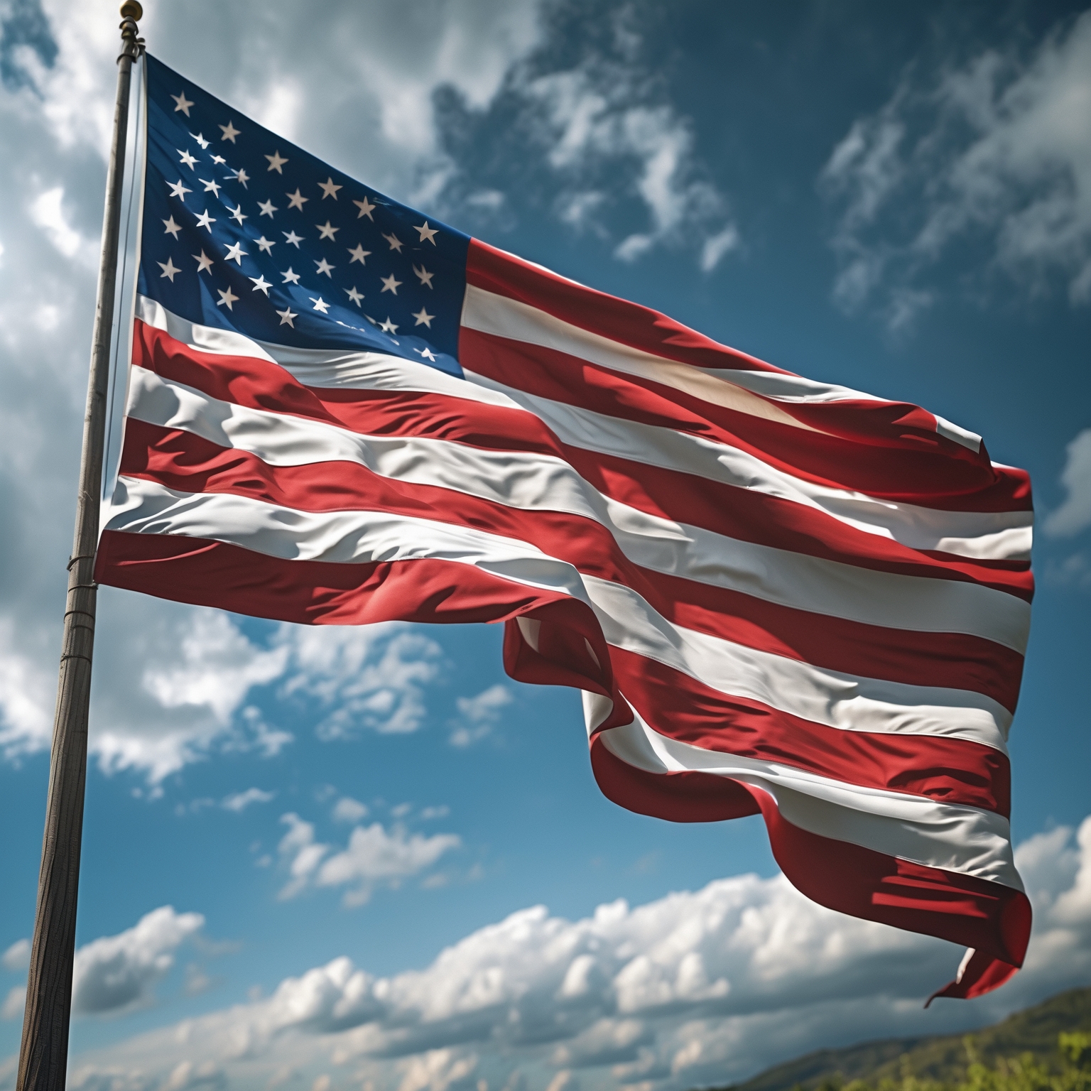 A highly detailed American Flag with 13 stripes waving in the wind