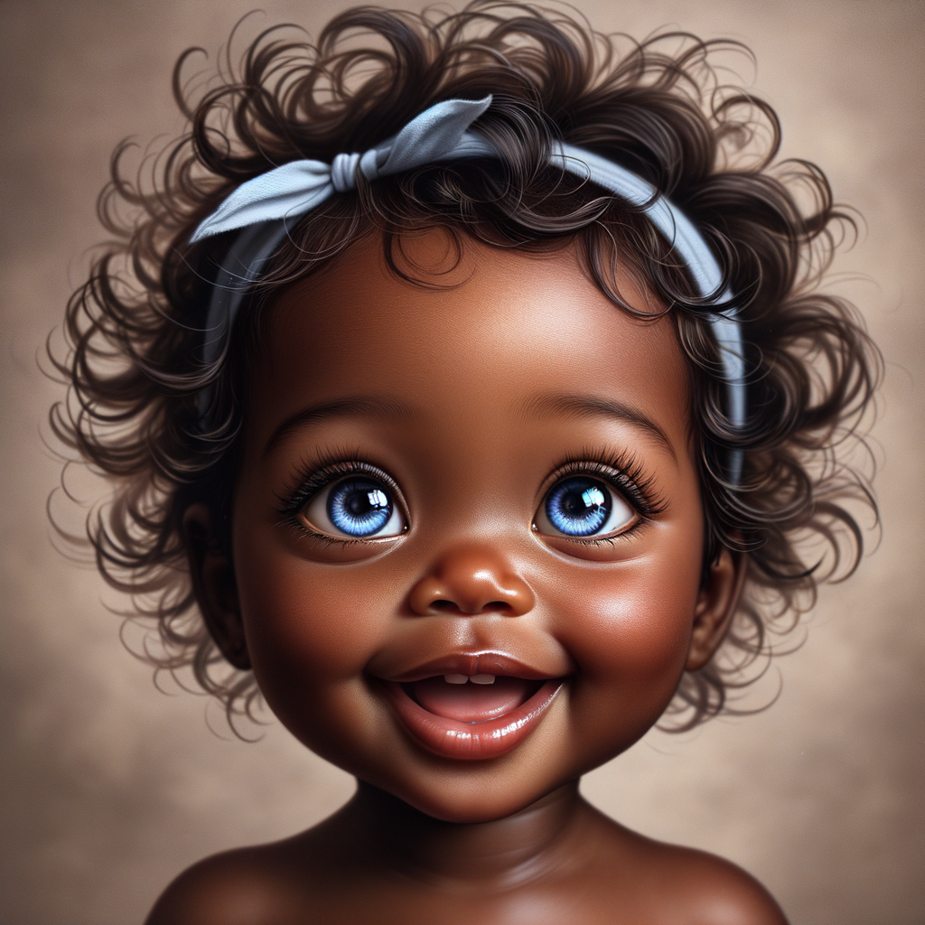 "Create a digital portrait of an adorable african-American baby girl with a joyful expression. Her big, bright blue eyes are wide with wonder, and her tiny mouth is shaped in a happy grin. Her skin has a warm, honey-brown tone, and she has an abundance of curly black hair, playfully tied up with light blue bows. The background is soft and neutral to keep the focus on her delightful features. The portrait should be vibrant and heartwarming, celebrating the innocence and charm of childhood."