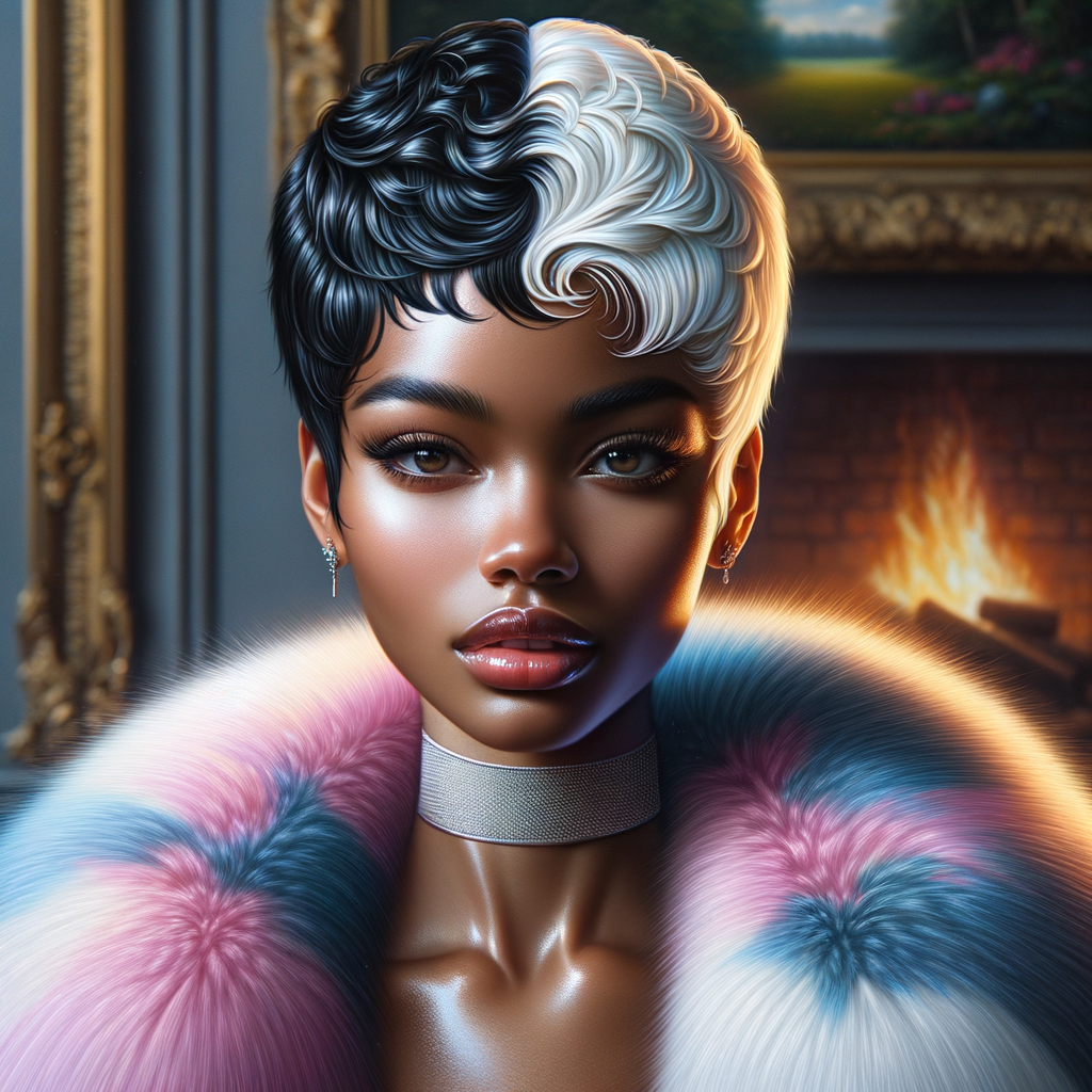 a full body veiw of a colorful gloss hyper realistic oil painting of a regal beautiful light skinned afro  American girlwith beautiful pixie cut one side of hair is black and the other side  of her hair white slick baby hair and furry white and pink and blue furry coat and outfit under the coat standing in living room with fireplace