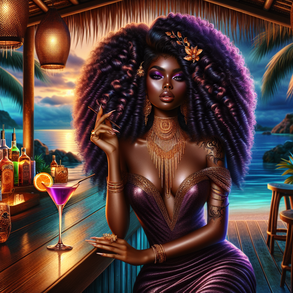 A digital airbrushed highly detailed, realistic stunning, confident Afro Latina woman with long voluminous deep purple curls, sitting at a luxurious tropical beachside bar at sunset. She wears a shimmering, form-fitting purple dress with gold embellishments, intricate jewelry, & elegant tattoos. Holding a vibrant cocktail garnished with an orange slice, she exudes mystery & allure. Background is a beautifully lit tiki-style bar with bottles of exotic liquors, glowing lanterns, palm trees, & a serene ocean view. The ambiance is sultry & glamorous, blending rich purples, warm golden lights, & deep tropical blues.