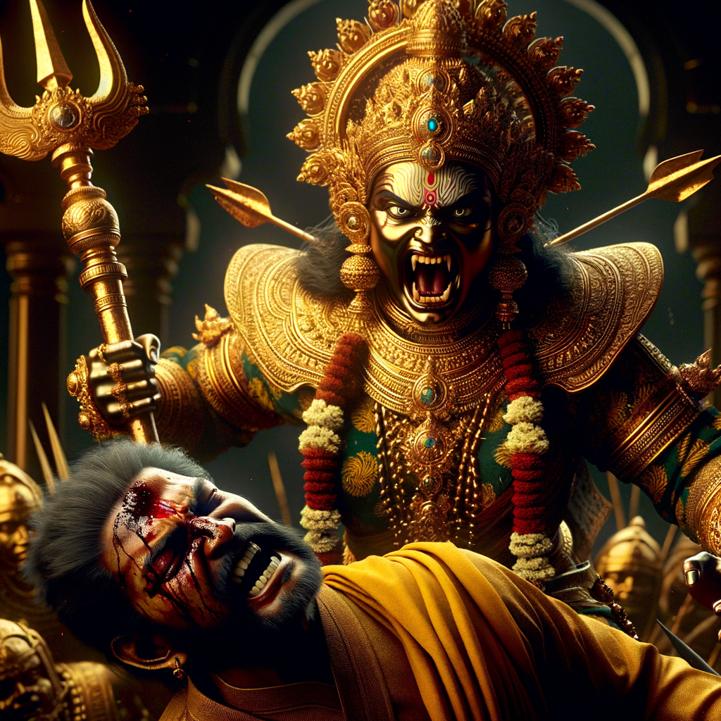 portrait of angry looking, indian goddess trampling a defeated mahishasur with her foot, while he is lying on the ground, she has a trident in her hand. She is wearing gold armor, a huge gold crown, gold saree, abundant  gold jewelry, covered in blood. The scene is set in ancient India. The image is 8K resolution, cinematic, photography, ultra detailed face and epic.