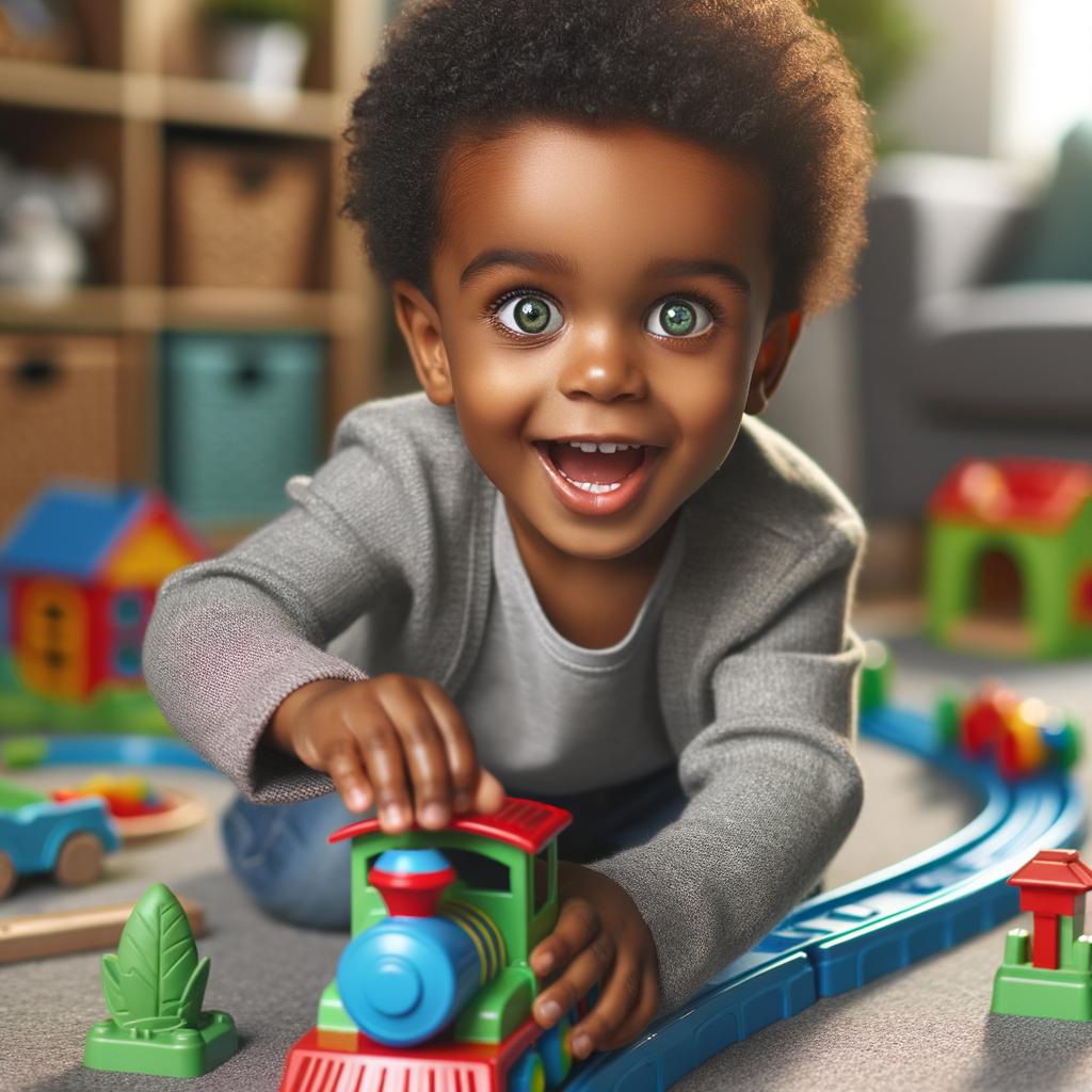 African-American baby boy with huge green eyes, playing with a train