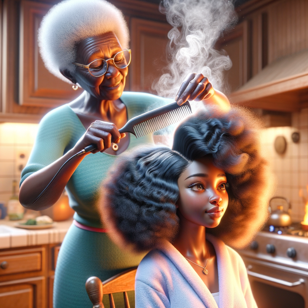 Create a realistic 3-D image of an african-American grandmother in the kitchen with her african-American granddaughter. The grandmother has a hot comb in her hair and she is straightening her granddaughters hair. One side of her granddaughters hair is in  a Afro the other is bone straight 
There is smoke coming from the hot comb