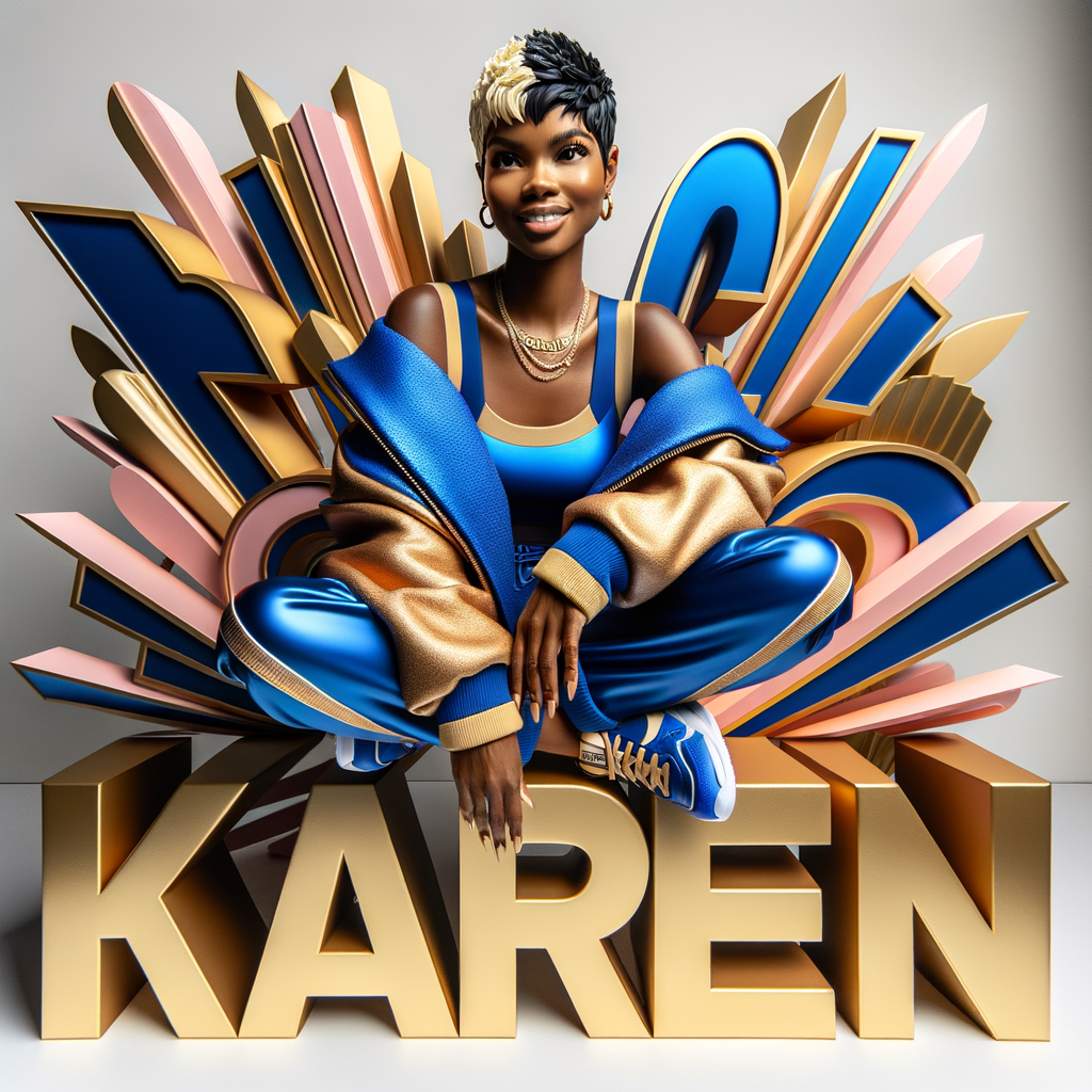 3D writing name "KAREN" bold glossy gold. There is a beautiful African-American latino woman, smiling with a black and blonde pixie cut hairdo,blue and gold trendy jacket and outfits in blue, pink, and gold tones, sport shoes, sitting under the name. Her outfits are glossy. dynamic color explosion background, of pink, blue, gold colors, splashed on white wall