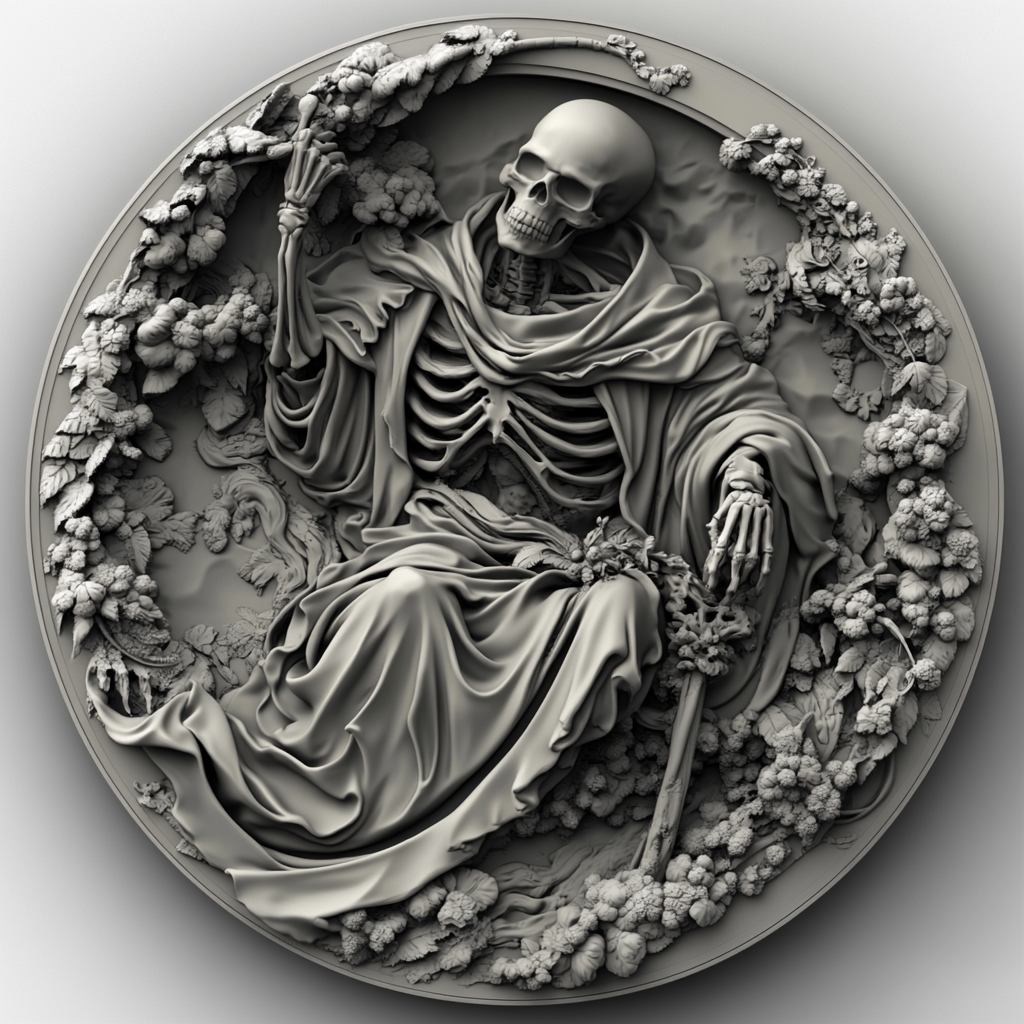 Design a high-contrast grayscale 3d bas relief of death, The composition should be circular like a coin emblem, designed for CNC routing with balanced lighting to accentuate fine details, sharp edges, and distinct textures. Employ deep shadows and strong highlights to define planes and surfaces clearly.