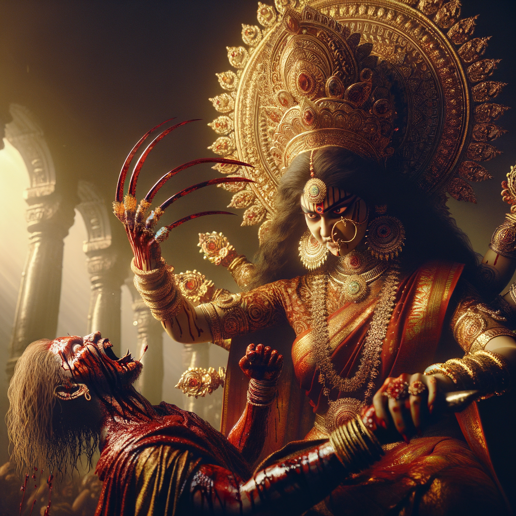 portrait of angry looking goddess durga  carrying a weak mahishasur in her arms and poking him with her amazingly long red fingernails. She is wearing a huge gold crown, red saree, abundant  gold jewelry, covered in blood. The scene is set in ancient India. The image is 8K resolution, cinematic, ultra detailed face and epic.