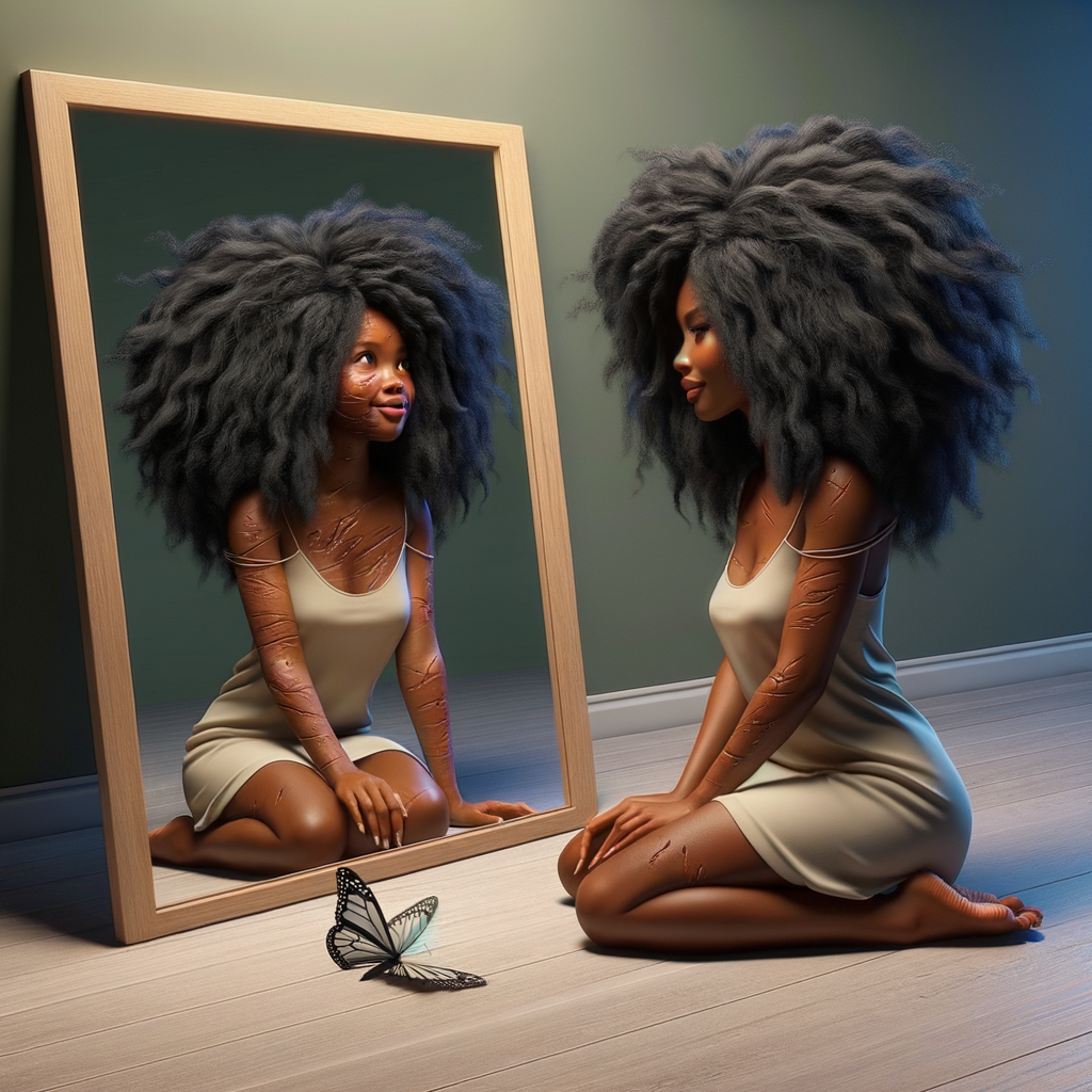 Create a 3-D realistic beautiful African-American  women with thick curly black hair
Looking at herself in the mirror, but the reflection she sees is a child, and she is no longer beautiful. She is ugly with scars. There is a fallen butterfly.