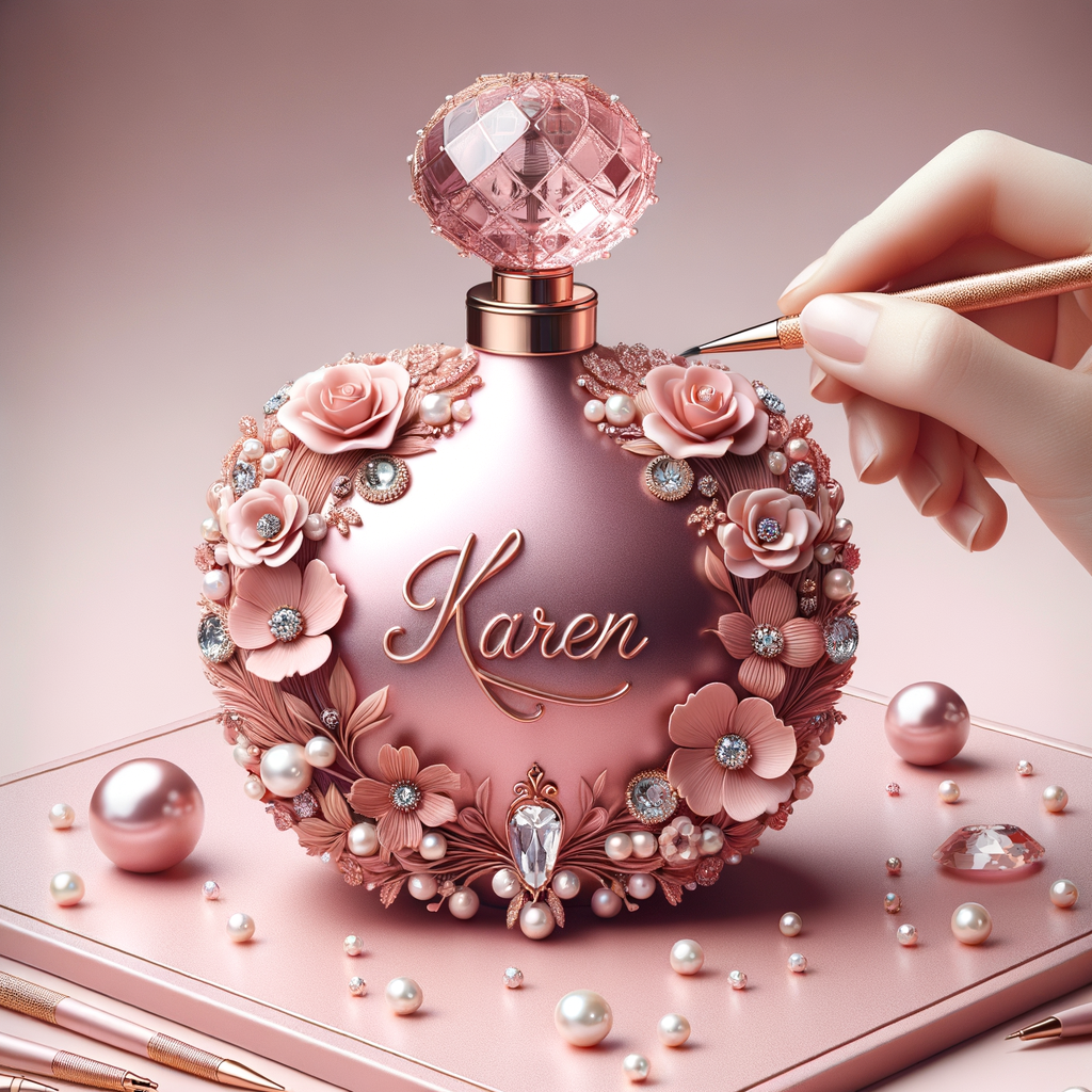 Design a fancy pink perfume bottle in the shape of a woman’s body with flowers, Pearls and diamonds and the name Karen