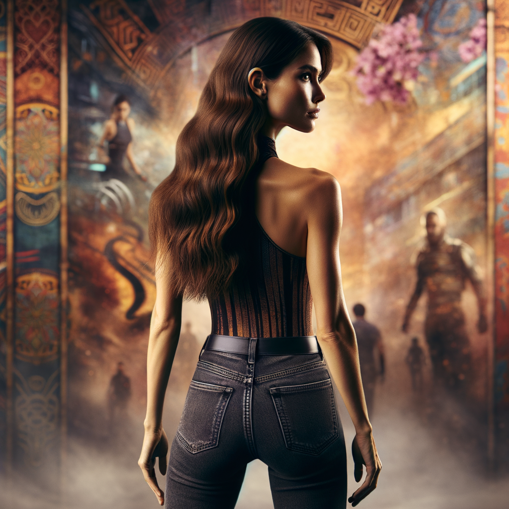 Athletic Thin skinny Attractive, Asian teenage girl, long brown hair and bangs, wearing tight skinny jeans and a halter top paint marks on her clothing, heroic pose Asian graffiti background, backside view