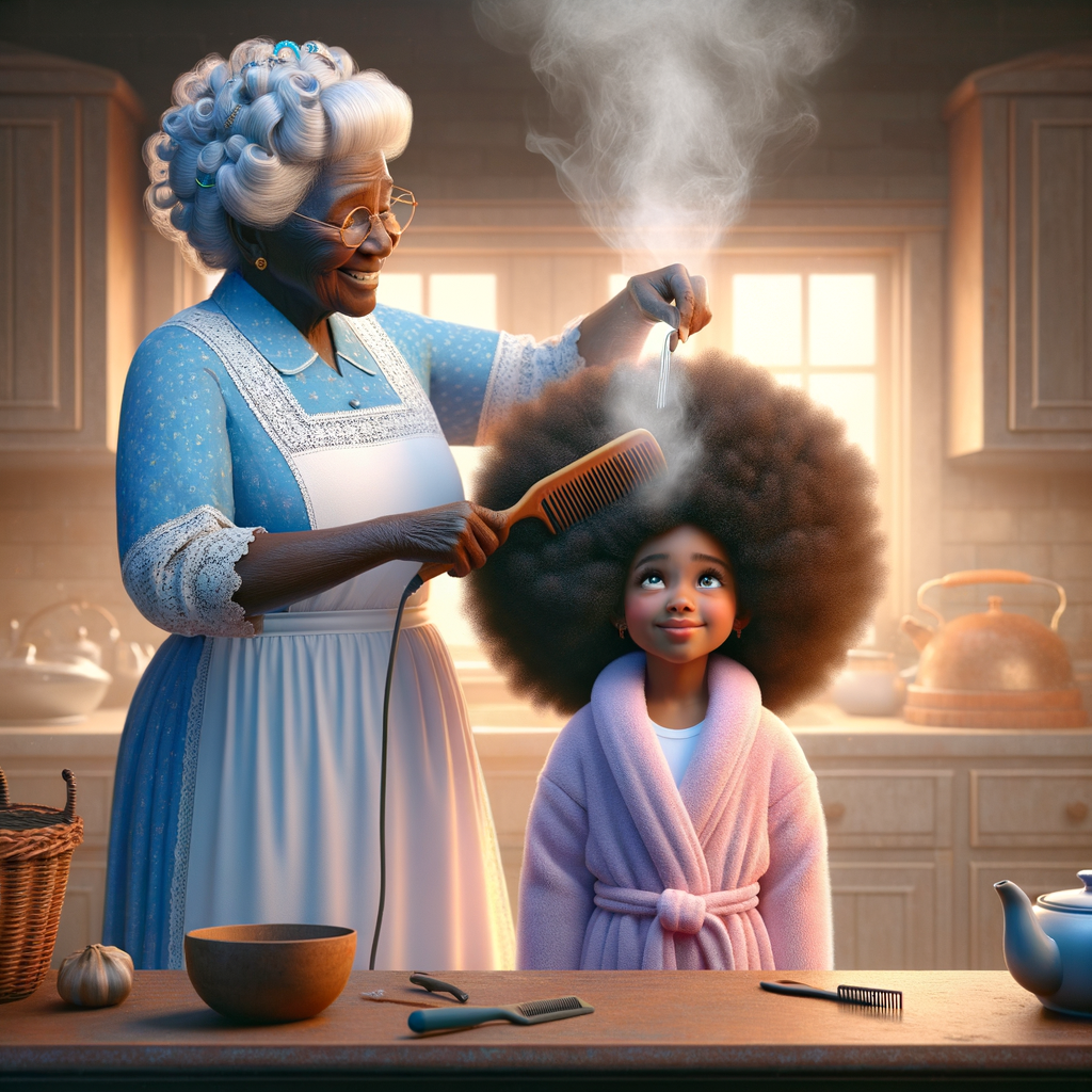 Create a realistic 3-D image of an african-American grandmother wearing a blue house dress and a white apron . She is in the kitchen with her african-American granddaughter. Her granddaughter is wearing a pink bath robe. The grandmother has a hot comb in her hand and she is straightening her granddaughters hair. One side of her granddaughters hair is in  a Afro the other straight 
There is smoke coming from the hot comb
The granddaughter is making a face