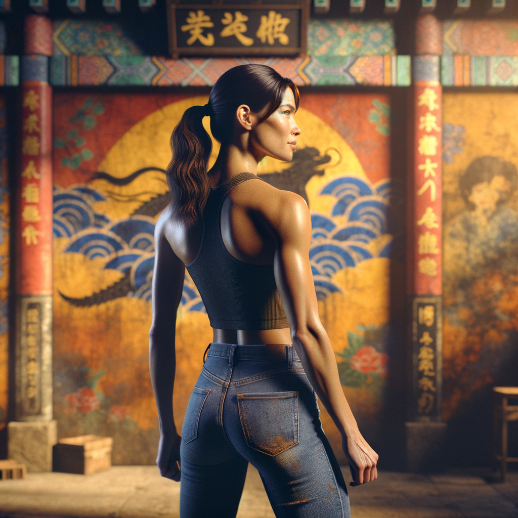 Athletic Thin skinny Attractive, Asian teenage girl, long brown hair and bangs, wearing tight skinny jeans and a halter top paint marks on her clothing, heroic pose Asian graffiti background, backside view