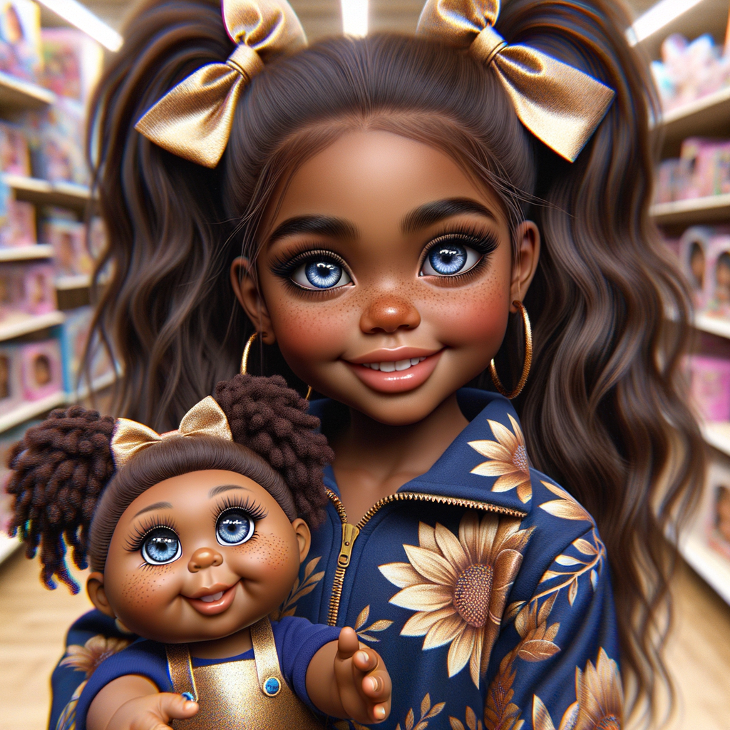 Create a 3-D image of an african-American little girl inside of a medium size, toy store. The little girl has thick long, ponytails and huge blue eyes. She has on a gold and blue jumpsuit with matching bows, She is playing with her favorite african-American cabbage patch doll, the doll has deep, dimples, and freckles and looks just like her