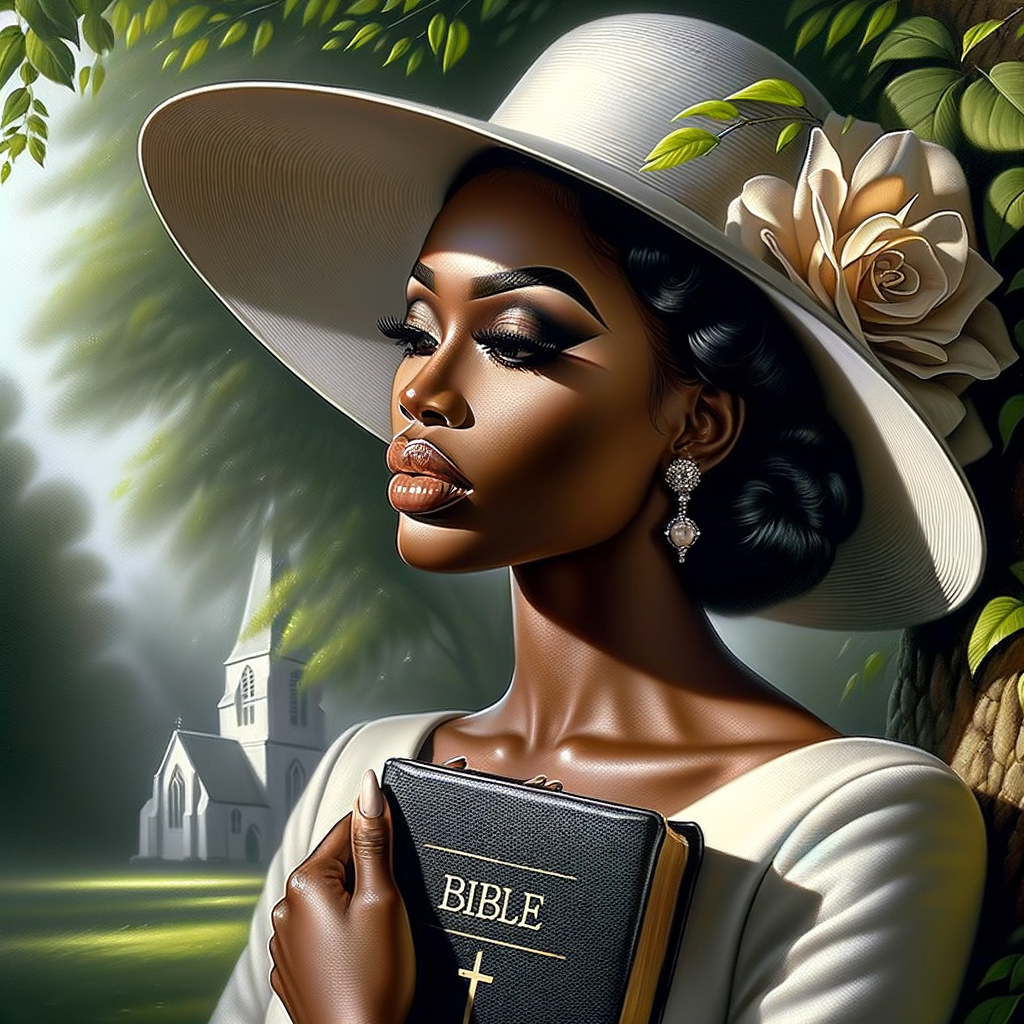 Render an airbrush oil painting of an African American woman with flawless makeup in a
contemplative pose, holding a Bible close to her heart, dressed in an elegant Sunday Best
outfit with a distinctive Church Hat. The background features a peaceful church garden,
with light filtering through the trees, highlighting her spiritual connection and the personal
moment of reflection. The artwork should capture the tranquility of the scene, the beauty
of her attire, and the depth of her contemplation, reflecting a serene and spiritually