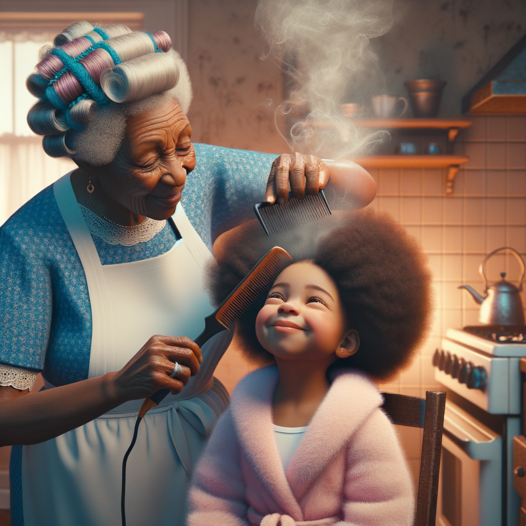 Create a realistic 3-D image of an african-American grandmother wearing a blue house dress and a white apron . She is in the kitchen with her african-American granddaughter. Her granddaughter is wearing a pink bath robe. The grandmother has a hot comb in her hand and she is straightening her granddaughters hair. One side of her granddaughters hair is in  a Afro the other straight 
There is smoke coming from the hot comb
The granddaughter is making a face