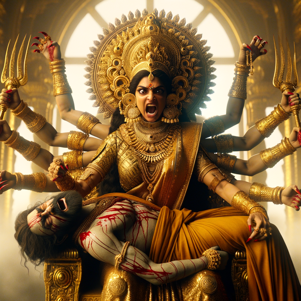 portrait of angry looking, four-armed indian goddess  sitting on a gold throne and carrying a weak mahishasur on her lap and poking his abdomen with her amazingly long red fingernails . She is wearing gold armor, a huge gold crown, gold saree, abundant  gold jewelry, covered in blood. The scene is set in ancient India. The image is 8K resolution, cinematic, photography, ultra detailed face and epic.