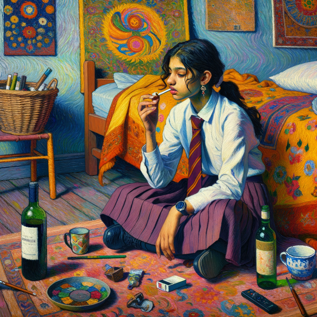 Schoolgirl smoking a cigarette in her room with a bottle of wine.