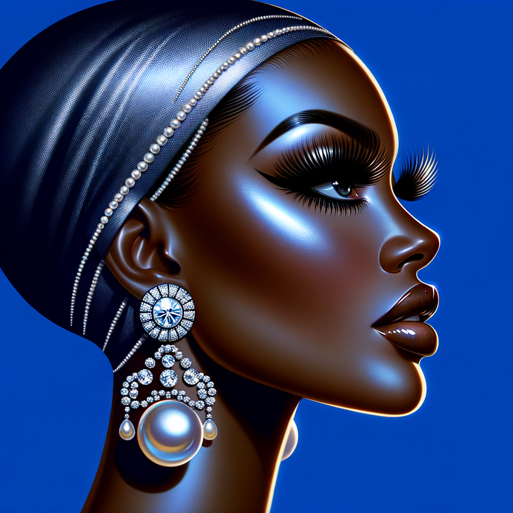 Create an airbrushed digital portrait of an animated
African-American woman in profile against a solid cobalt
blue backdrop. Her radiant skin, strikingly long eyelashes, a
pronounced nose, and voluminous natural glossy lips are
showcased. She wears a headwrap adorned with intricate
diamond patterns. Large, elegant pearl drop earrings
complete her appearance, showcasing the entire headshot
details with a focus on sophistication and grace. The digital
art should highlight her striking features against the vibrant
background, creating a visually stunning piece.