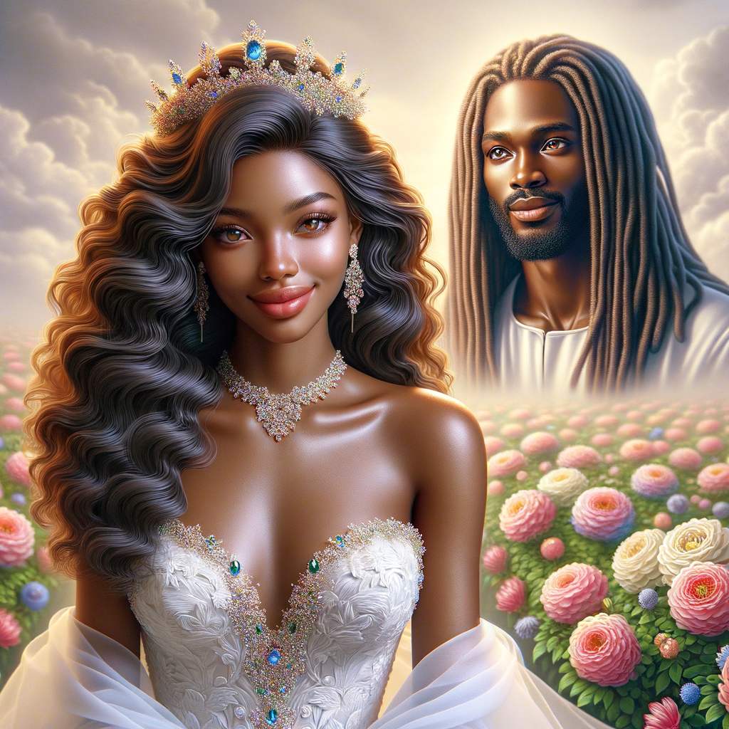 Create a 3-D realistic oil, painting of a beautiful African-American bride. She has long flooring, wavy hair and her gown has beautiful jewels around the neckline. in the background there is a beautiful African-American Jesus Christ with long dreadlocks, and he is smiling. He is very handsome pastel flowers throughout the image.