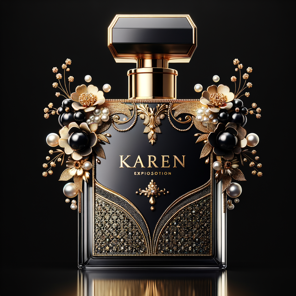 Design a fancy, black and gold bottle of perfume in the shape of a woman’s body. With a golden diamond top, flowers pearls and Diamonds in the name, Karen