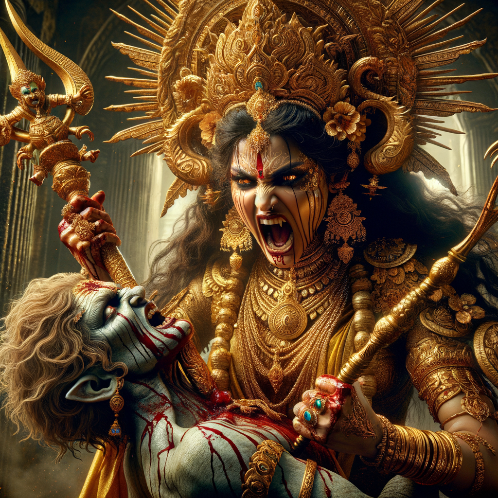 portrait of angry looking goddess durga slaying a weak mahishasur by carrying him in her arms and stabbing him with her amazingly designed trident. She is wearing gold armor, a huge gold crown, gold saree, abundant  gold jewelry, covered in blood. The scene is set in ancient India. The image is 8K resolution, cinematic, ultra detailed face and epic.