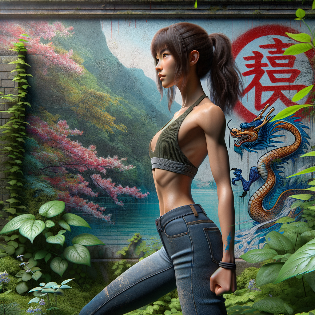 Athletic Thin skinny Attractive, Asian teenage girl, long brown hair and bangs, wearing tight skinny jeans and a halter top paint marks on her clothing, heroic pose Asian graffiti background, side view