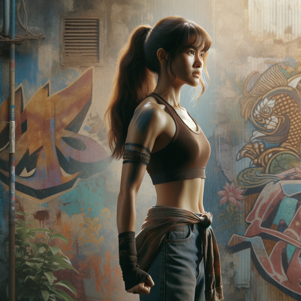 Athletic Thin skinny Attractive, Asian teenage girl, long brown hair and bangs, wearing tight skinny jeans and a halter top paint marks on her clothing, heroic pose Asian graffiti background, side view