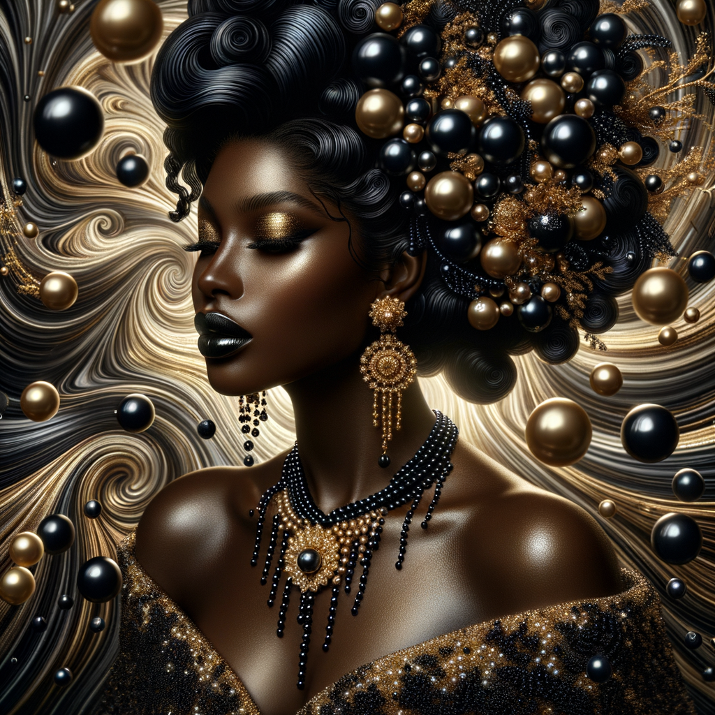 Imagine a digital portrait of a light skinned African-American Latino regal woman named KAREN Her attire and accessories are exclusively adorned with black and gold pearls. They grace her voluminous hair, styled in an elegant updo, where the black pearls form the roots and the gold pearls create the stunning curls. Her ears boast chandelier earrings, with black pearls clustered at the top, transitioning to gold pearls that dangle with delicate grace. Around her neck, a tiered necklace cascades with strands of alternating black and gold pearls, reflecting a sophisticated contrast.

Her shoulders are draped with a luxurious off-shoulder gown, the fabric's weave incorporating intricate patterns formed by black and gold pearls. The gown's texture has a subtle sheen, suggesting a high-quality material with a pearlescent finish. As a centerpiece, a grand brooch sits at her collar, with a large gold pearl surrounded by an elaborate design of smaller black pearls.

The background of the portrait features an abstract composition of floating pearls, swirling in a dance of shadows and light, emphasizing the color theme of black and gold. The name "KAREN" is discreetly integrated into the lower right corner of the artwork, blending seamlessly with the design, as if it were a signature part of the jewelry ensemble. The overall effect is one of timeless elegance, a blend of modern design and classic beauty, all tied together by the luxurious palette of black and gold.