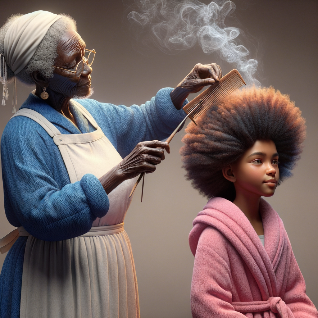 Create a realistic 3-D image of an african-American grandmother wearing a blue house dress and a white apron . She is in the kitchen with her african-American granddaughter. Her granddaughter is wearing a pink bath robe. The grandmother has a hot comb in her hand and she is straightening her granddaughters hair. One side of her granddaughters hair is in  a Afro the other straight 
There is smoke coming from the hot comb
The granddaughter is making a face