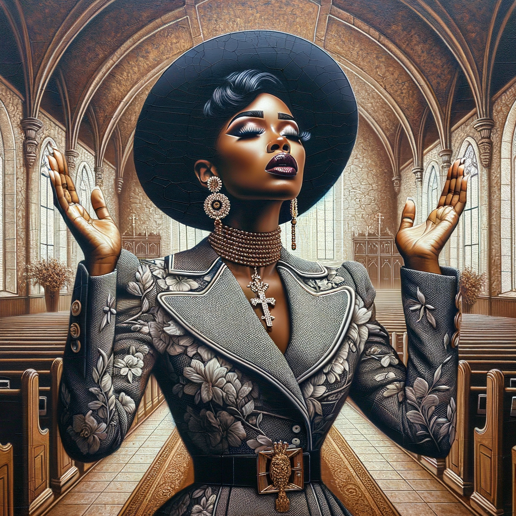 Render an airbrush oil painting of an African American woman with flawless makeup
kneeling at a church altar, her hands raised in a gesture of surrender to God. She's
dressed in stylish Sunday Best attire, with a particular focus on the delicate details of
her Church Hat. The background features a beautifully painted church interior, with the
oil paint texture enhancing the sacred atmosphere. The artwork should capture the
woman's devout expression, the elegance of her attire, and the spiritual ambiance of
the church setting, reflecting a moment of deep faith and devotion.