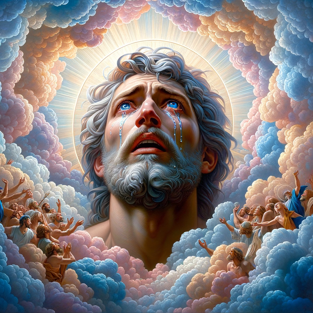 Create a 3-D realistic oil, painting Jesus Christ coming in the blue, gold, pink and white clouds with great power and glory up close, tears rolling down his face,