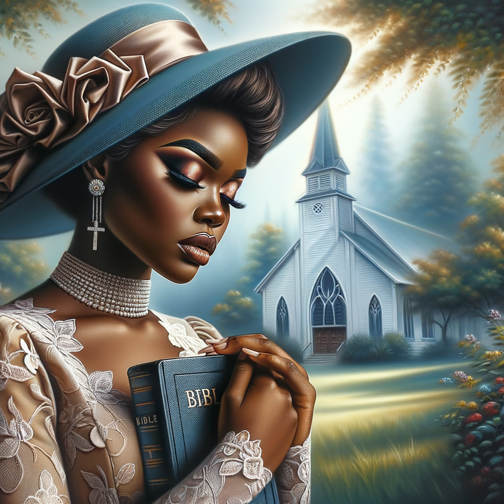 Render an airbrush oil painting of an African American woman with flawless makeup in a
contemplative pose, holding a Bible close to her heart, dressed in an elegant Sunday Best
outfit with a distinctive Church Hat. The background features a peaceful church garden,
with light filtering through the trees, highlighting her spiritual connection and the personal
moment of reflection. The artwork should capture the tranquility of the scene, the beauty
of her attire, and the depth of her contemplation, reflecting a serene and spiritually