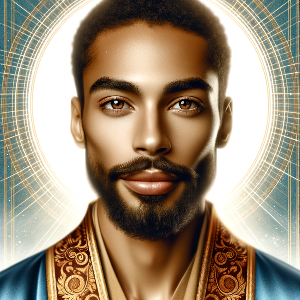 Create handsome African-American, Jesus, with Hazel Brown eyes wearing a blue and gold robe