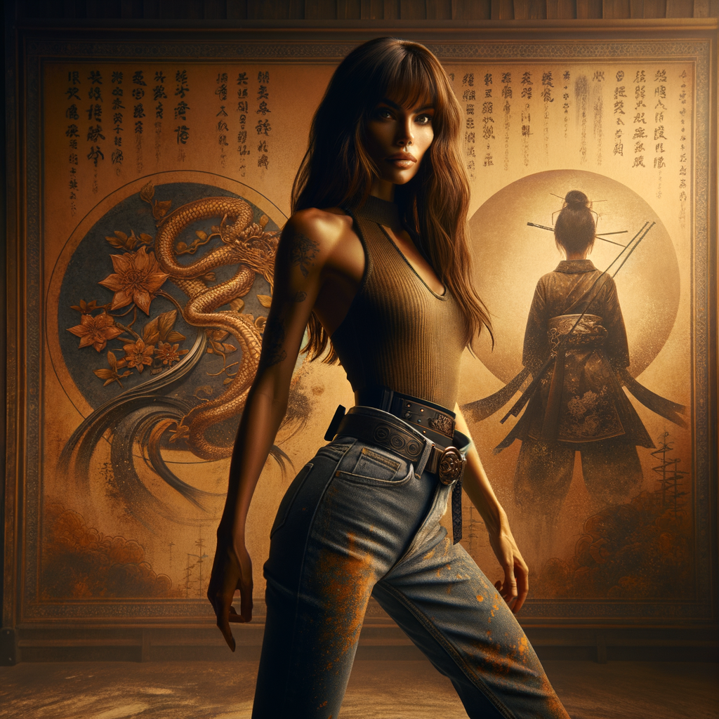 Athletic Thin skinny Attractive, Asian teenage girl, long brown hair and bangs, wearing tight skinny jeans and a halter top paint marks on her clothing, heroic pose Asian graffiti background, backside view