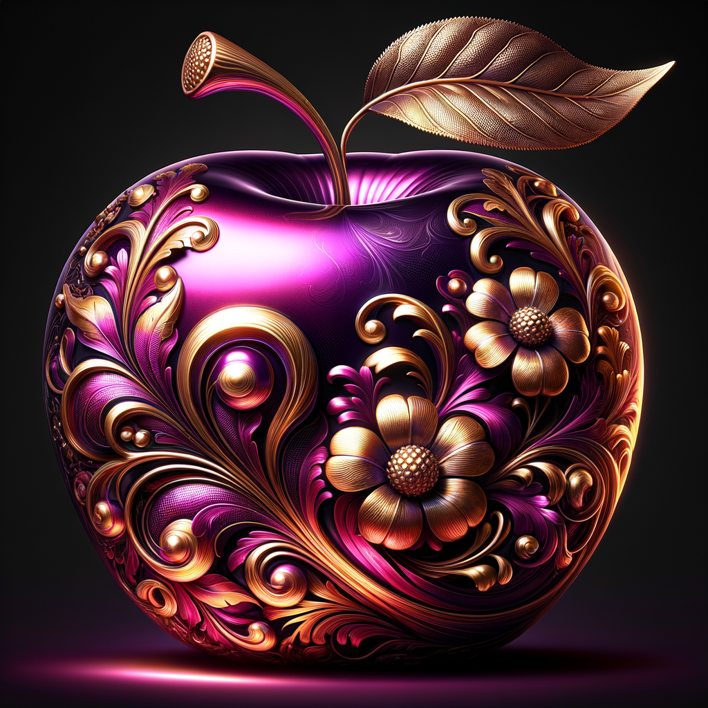 Envision a lustrous, oversized apple with a surface that gleams in a radiant shade of purple, as if lacquered to a high shine, reflecting light from its smooth, curvaceous form. The apple is adorned with elegant gold leaf patterns that swirl luxuriously around its contour, bringing a baroque opulence to its appearance. The stem, a bronzed sculpture in itself, supports a single leaf that seems to glow with an inner luminescence. At the apple’s base, a collection of flowers blooms, their petals softening the scene with organic shapes and colors that harmonize with the vibrant purple and gold. Incorporated into the metallic filigree in an artful script is the name "Karen," as if the apple were personally inscribed, enhancing the custom and bespoke quality of the piece.