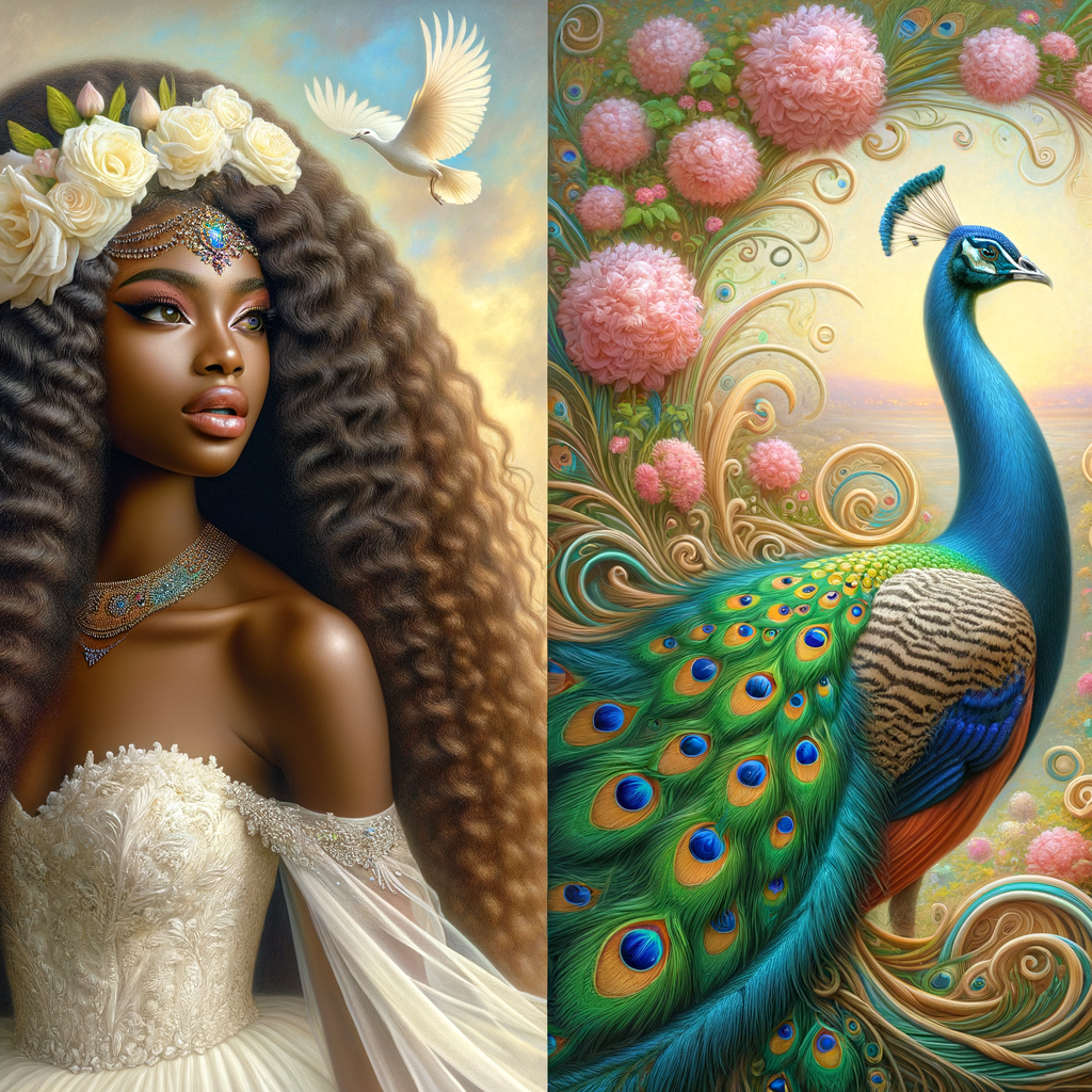 Create a 3-D realistic oil, painting of a beautiful African-American bride. She has long flooring, wavy hair and her gown has beautiful jewels around the neckline. in the background there is a beautiful African-American Jesus Christ with long dreadlocks, and he is smiling. He is very handsome pastel flowers throughout the image.