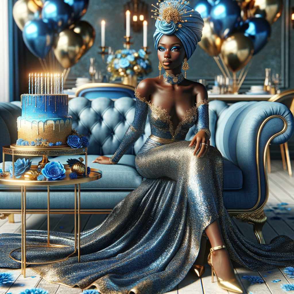 Create a 3-D realistic, African-American woman, she is seated on a luxurious blue couch. She is dressed in a splendid blue and gold gown, with the fabric shimmering like a starlit night sky. Her outfit is complemented by gold earrings and a chic blue and gold head wrap crowning her head with elegance. Beside her, a beautifully decorated birthday cake adorned with blue and gold icing, stands on a small table, with candles waiting to be wished upon. In the air, blue and gold balloons catch the light, adding a touch of magic. The room itself is a harmony of celebration, with hints of gold accents against blue decor, creating an atmosphere of joyous celebration.