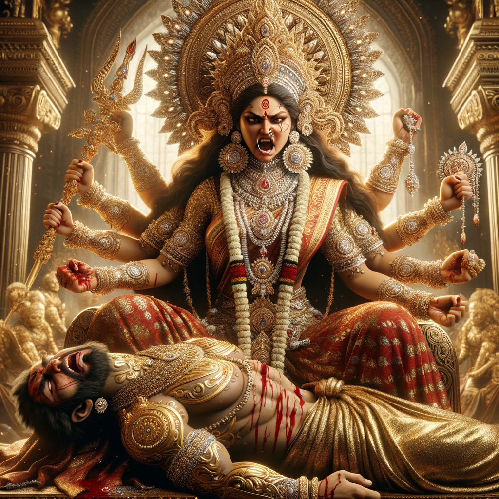 portrait of angry looking goddess durga, sitting on a gold crown and carrying a weak mahishasur on her lap. She is wearing diamond armor, a huge diamond crown, red saree, abundant diamond jewelry, covered in blood. The scene is set in ancient India. The image is 8K resolution, cinematic, ultra detailed face and epic.