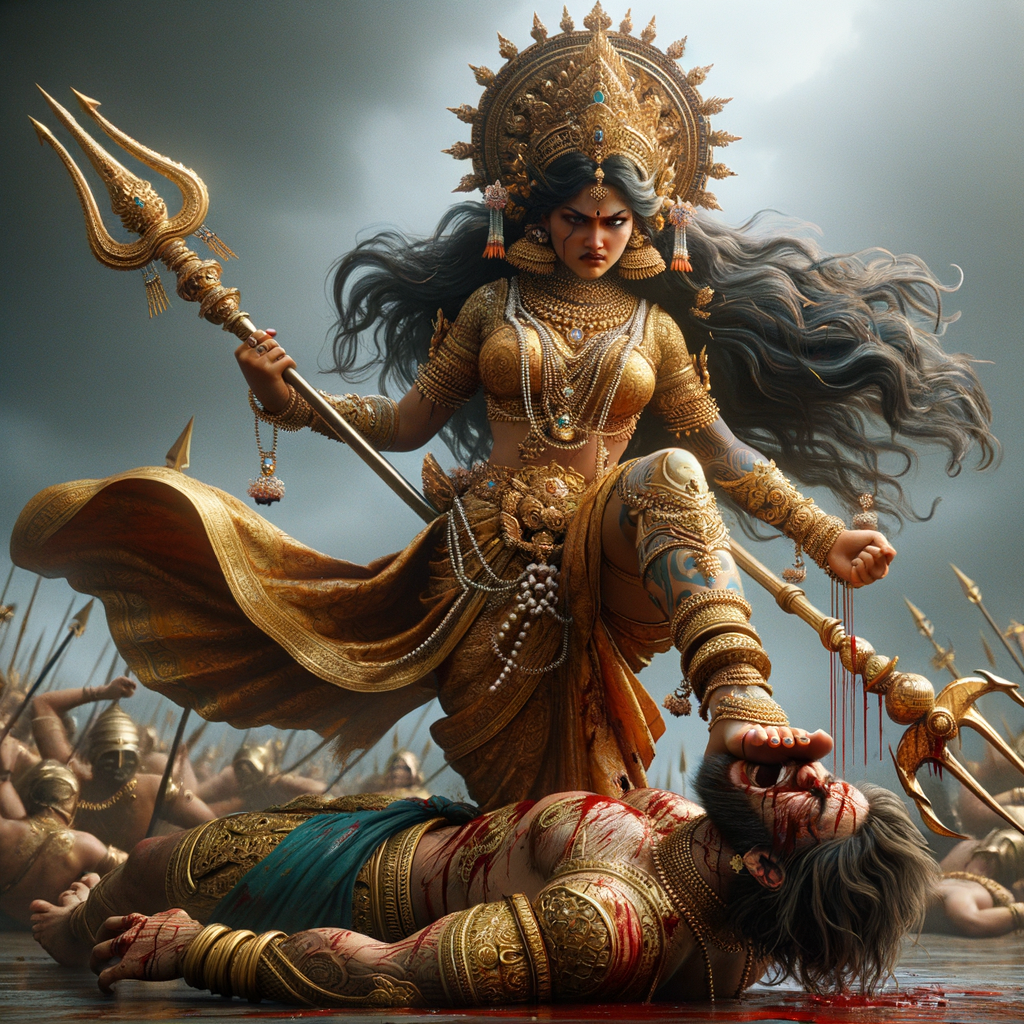 photograph of angry looking, indian goddess trampling a defeated mahishasur with her foot, while he is lying on the ground, she has a trident in her hand. She is wearing gold armor, a huge gold crown, gold saree, abundant  gold jewelry, covered in blood. The scene is set in ancient India. The image is 8K resolution, cinematic, photography, ultra detailed face and epic.