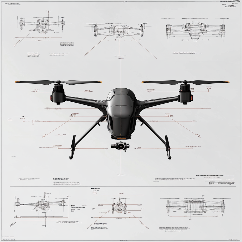 A detailed specification sheet for drone with callouts and dimensions, highly technical