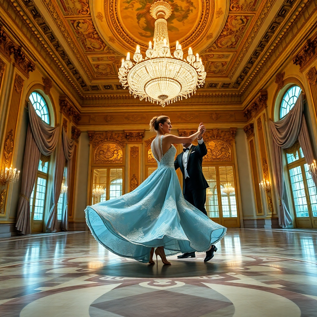 “A breathtaking wide-angle shot taken with a Nikon D850 and a 24-70mm f/2.8 lens. Dahlia Valentina (DahliaValentina_ai) fit tall supple well endowed tanned Italian American model glides gracefully across an opulent ballroom floor, caught mid-turn in a Viennese waltz. She wears a flowing ice-blue ballgown, its delicate lace details shimmering under the golden glow of an enormous crystal chandelier. Her posture is poised, her expression serene as she twirls with an elegant dance partner in a classic tuxedo. The grand ballroom features intricate gilded moldings, towering windows draped with silk curtains, and polished marble floors reflecting their movements. The air feels enchanted, as if time itself has slowed for this graceful moment. The soft depth of field blurs the background slightly, enhancing the dreamlike quality of the scene.”