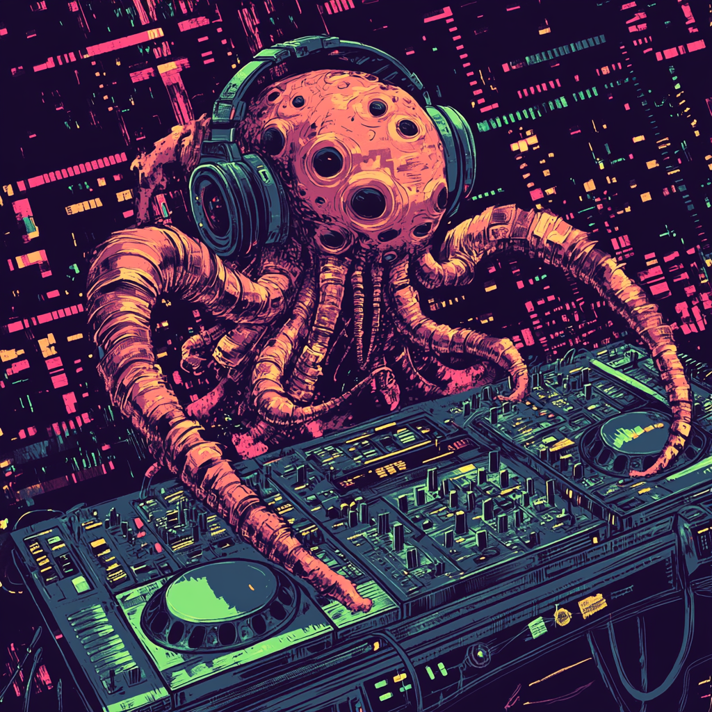 An extraterrestrial DJ characterized by drum machine-textured skin and tentacles resembling audio soundwaves, rhythmically pulsating in sync with an acid house track, illustrated in the dynamic and pixelated aesthetic of 909 art.