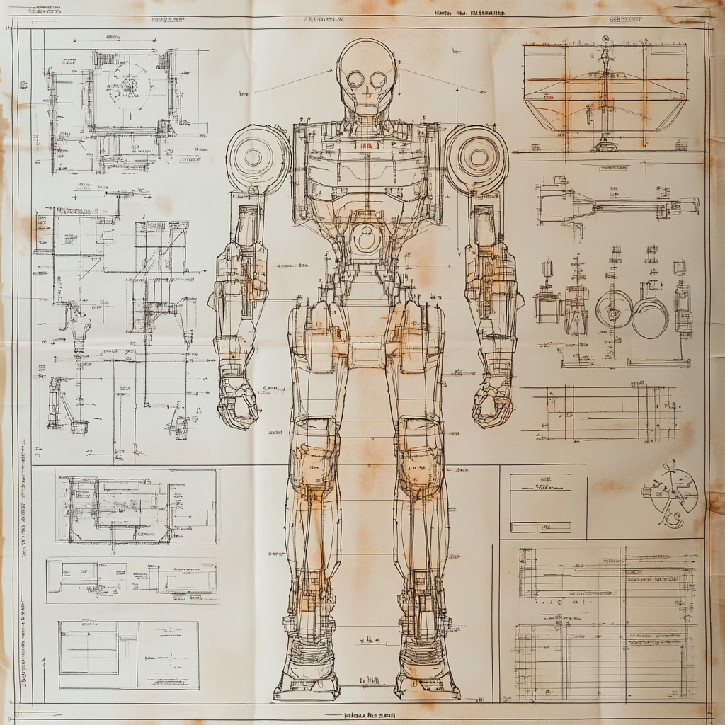 A detailed specification sheet on blueprint paper for robot with callouts and dimensions, highly technical